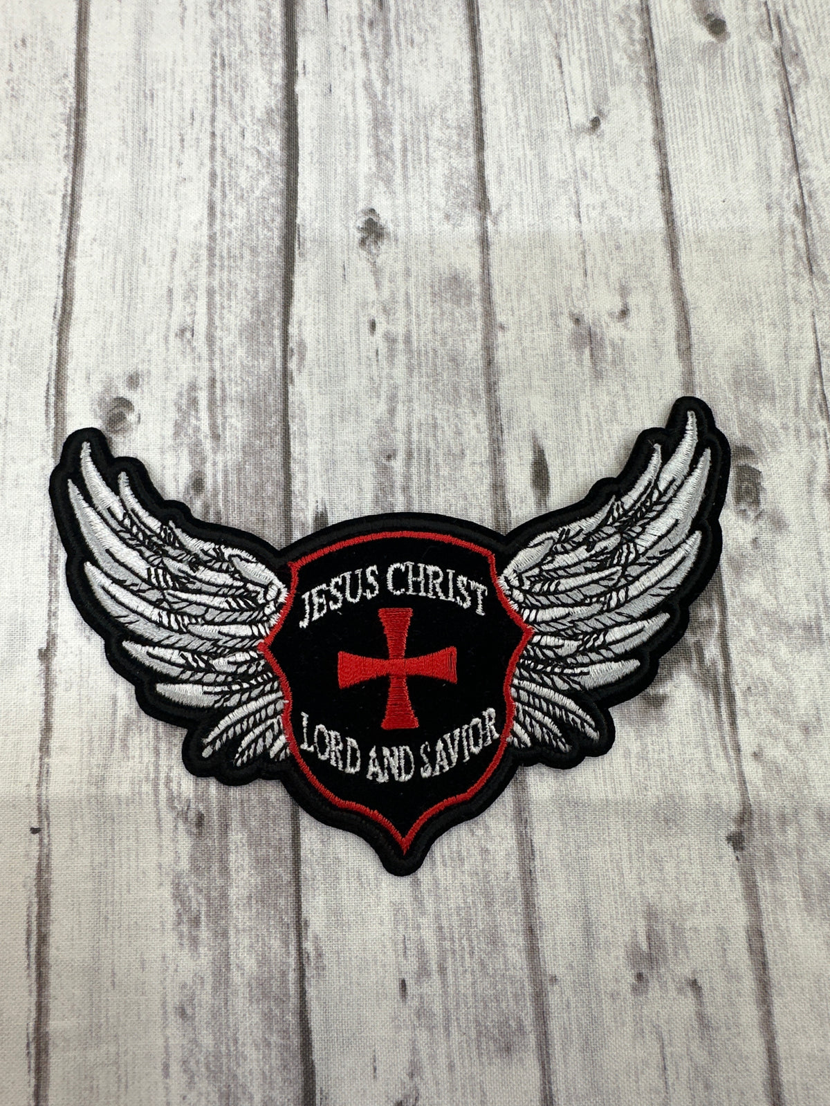 Jesus Christ lord and savior wings, 4.5x2.9, iron/ sew on patch