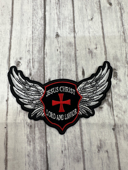 Jesus Christ lord and savior wings, 4.5x2.9, iron/ sew on patch