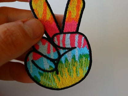Colorful Peace Fingers Hand Sign, Iron/ sew on Patch - 2x3 inch, Embroidered