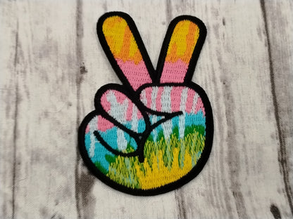 Colorful Peace Fingers Hand Sign, Iron/ sew on Patch - 2x3 inch, Embroidered